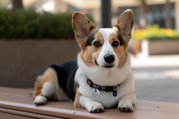 Cardigan welsh corgi met een leeg bord om zijn nek.