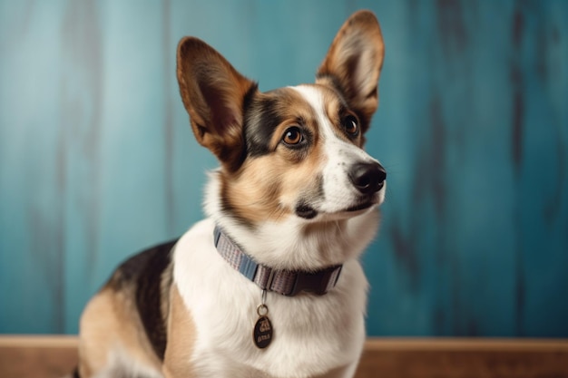 Cardigan welsh corgi met een leeg bord om zijn nek.