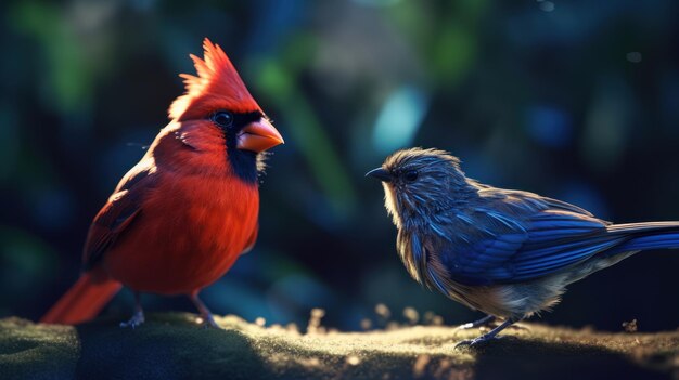 A cardinal and a bird are looking at each other.