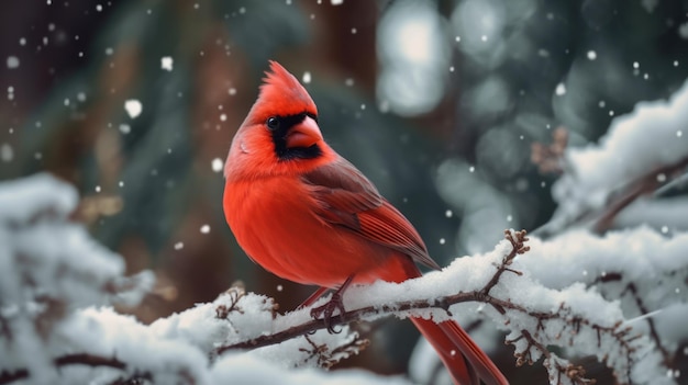 A cardinal sits on a snowy branch in the snow