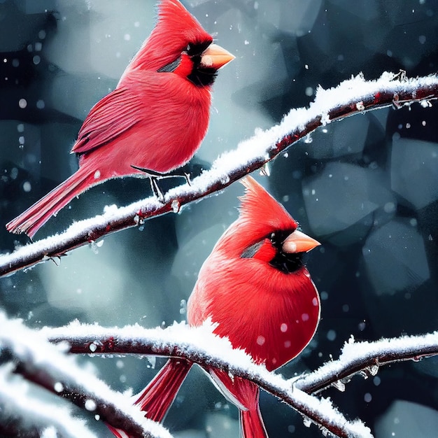 Photo cardinals in snow covered woods