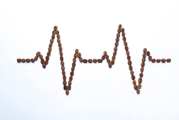 Cardiogram from coffee beans on a white background. 