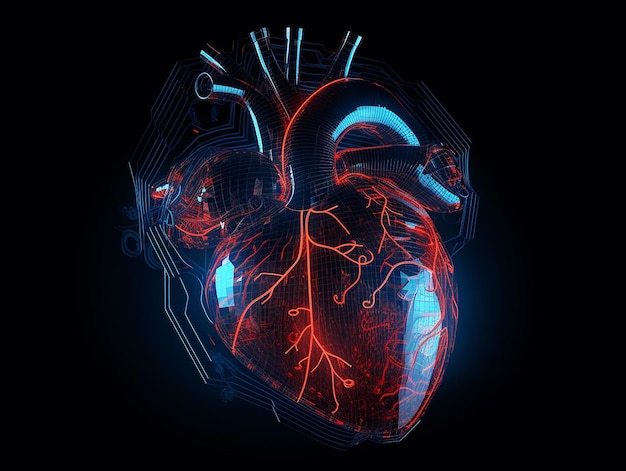 Cardiogram wave passing through the heart with an electric glow illuminating the path Neon illustration of a human heart with vibrant colors and bright lights Generative AI