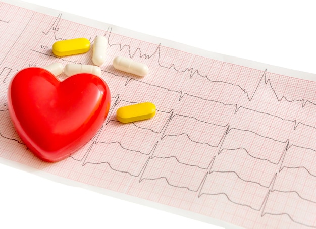 Foto cardiogramma con cuore rosso e pillole su sfondo bianco.