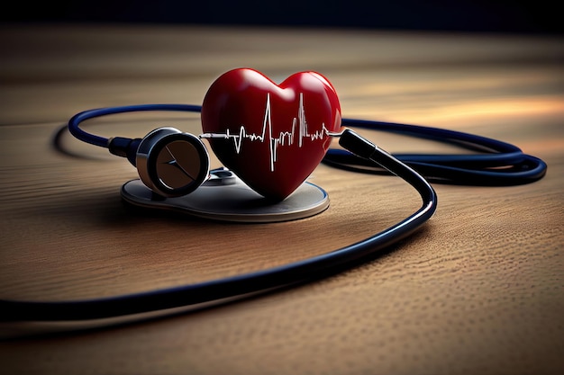 Cardiogram with stethoscope and red heart on table Generative Ai