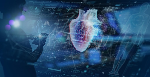 Foto il medico cardiologo controlla la cartella clinica elettronica ed esamina la funzione cardiaca del paziente