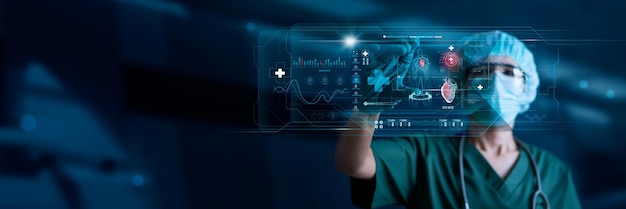 Cardiologist doctor surgeon analyzing patient heart testing result and human anatomy on interface