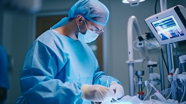 심장학 개입 심장 카테터 삽입 실험실의 남성 의사 외과 의사 Generative AI