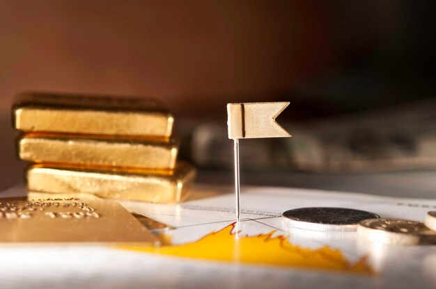 Photo cards, coins, gold, financial documents and check.  (the depth of the field is low.)