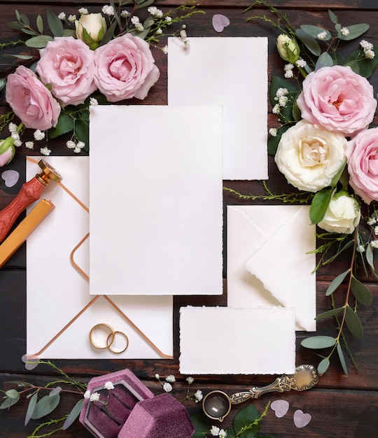 Photo cards and envelope between pink and cream roses on brown wood top view wedding mockup