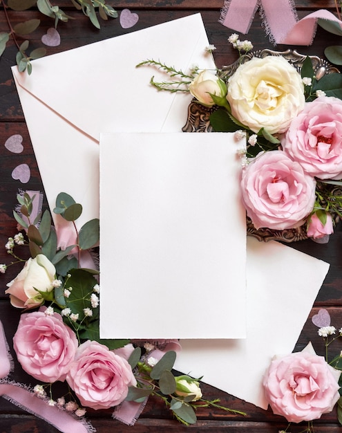 Cards and envelope between pink and cream roses on brown wood top view wedding mockup