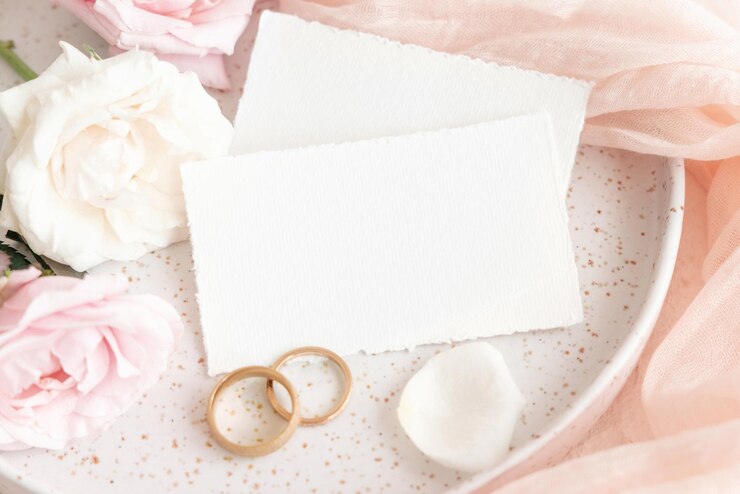Photo ローズの近くのカード 結婚指輪とプレートのクリーム製の布 クローズアップ コピースペース 結婚式のモックアップ