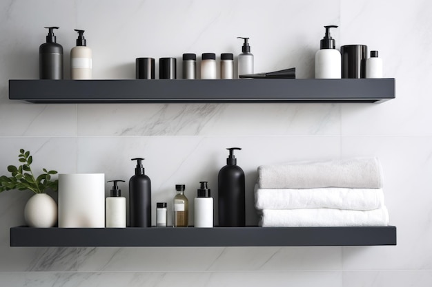 care cosmetics for face and body on shelves in the bathroom