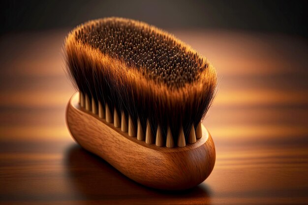 Care of facial hair beard brush with natural bristles on blurry background