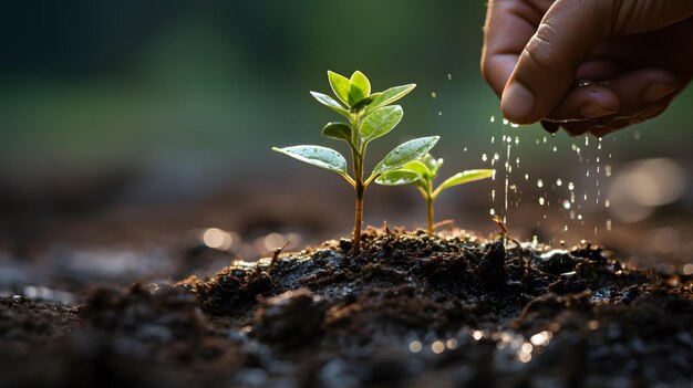 新たな 生命 を 育てる ため に 幼い 植物 に 水 を 注ぐ