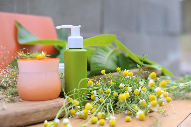 Care products with camomile flowers herbal creams