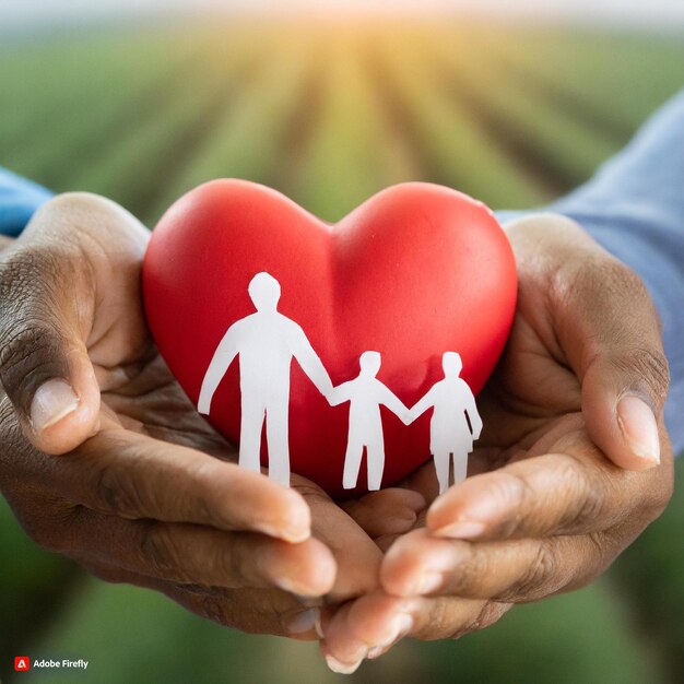 심장 치료 지원 건강 보험 개념 빨간 종이 절단 가족
