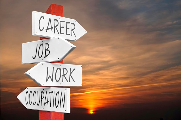 Career job work occupation wooden signpost with four arrows