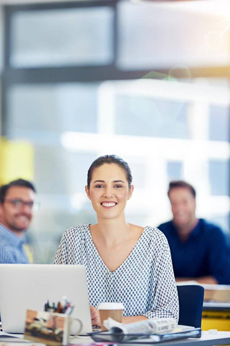 Photo career woman laptop and portrait as accountant professional and administration in financial team female person coworking and technology with workload employees and happiness at office or desk