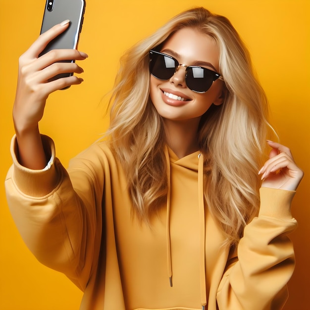 Foto giovane donna bionda spensierata con cappuccio e occhiali da sole che si fa un selfie con uno smartphone giallo bg