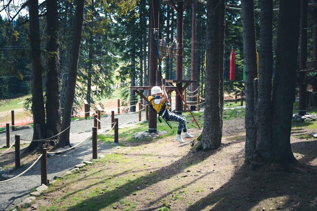 写真 森でローパーコースを終えた後心配のない少年がジップライニングをし楽しんでいます