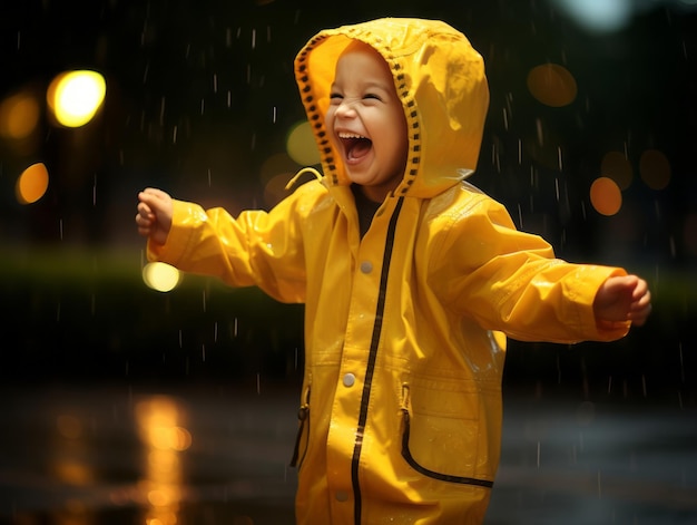写真 さわやかな雨の中で、のんきな子供が楽しそうに踊る