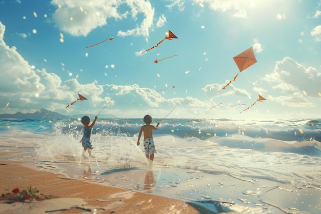 Photo carefree children flying kites on a beach