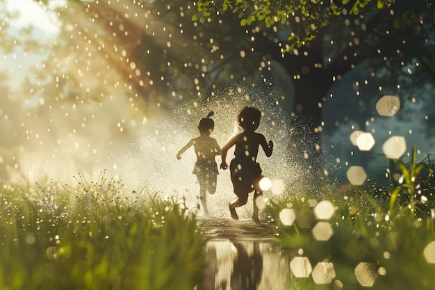 Photo carefree children running through a sprinkler