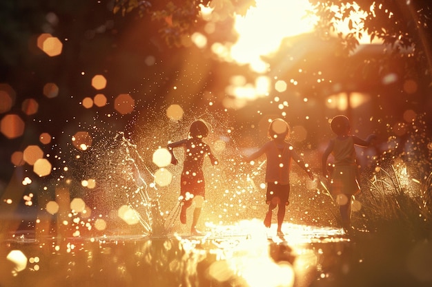 Photo carefree children running through a sprinkler