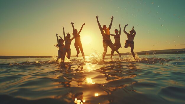 Foto amici spensierati che saltano nel lago al tramonto.