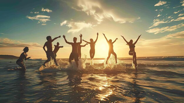 Carefree friends jumping with joy in the ocean at sunset