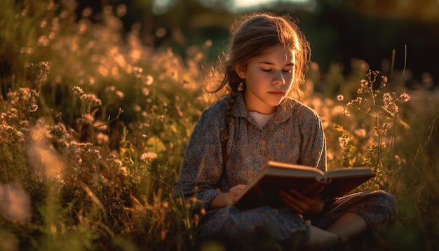 A carefree girl enjoying literature in the beauty of nature generated by AI