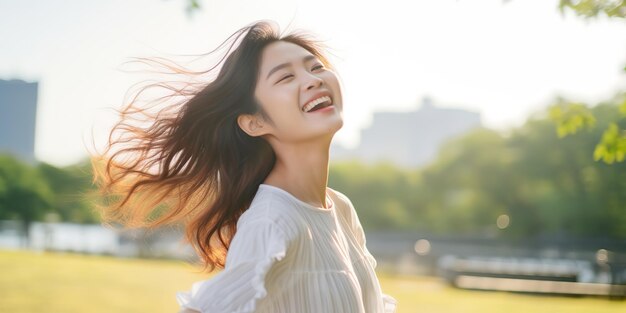 写真 心配のない女の子が公園で笑って踊り夏の晴れた日を楽しんでいます