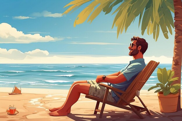 Photo carefree man at desk taking a break from working daydreaming of summer ocean beach stock illustration