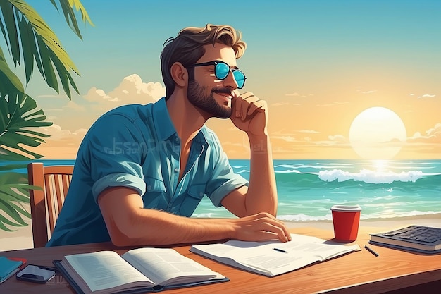 Carefree man at desk taking a break from working daydreaming of summer ocean beach stock illustration