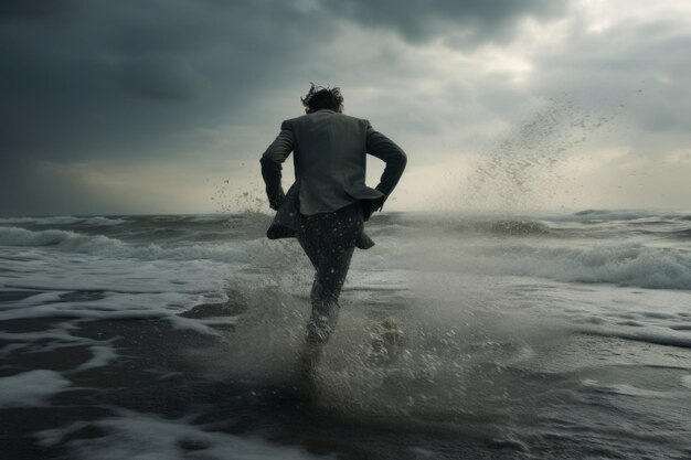 Carefree Man run beach sea sky Generate Ai