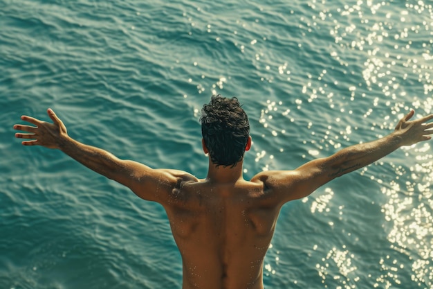 Carefree man with arms outstretched standing in front of sea