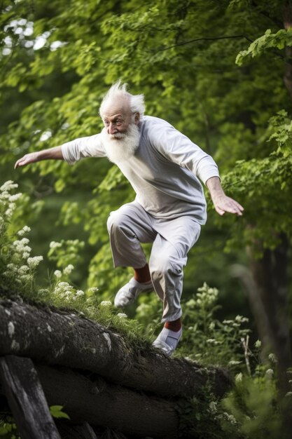 Photo carefree senior man performing parkour in nature created with generative ai