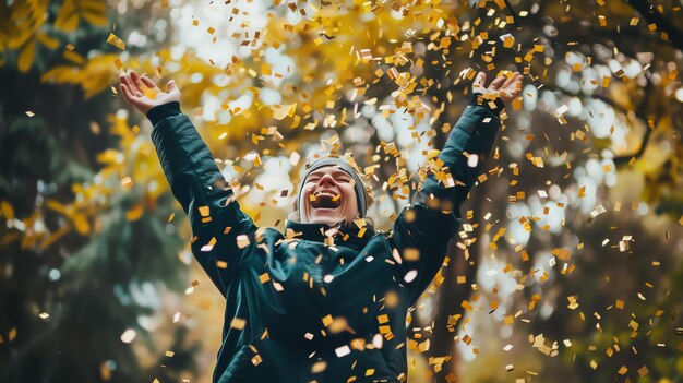 写真 自然の中で自由と幸せを祝う無関心な女性 腕を伸ばして 空から落ちる金色のコンフェッティ