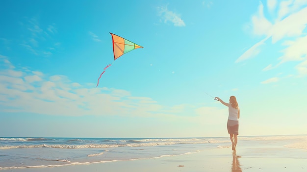 Photo carefree woman flying a kite on the beach with ocean waves in the background