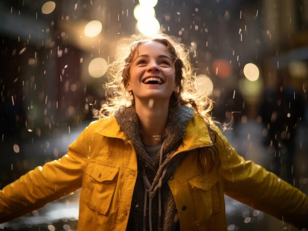 Photo carefree woman joyfully dances in the refreshing rain