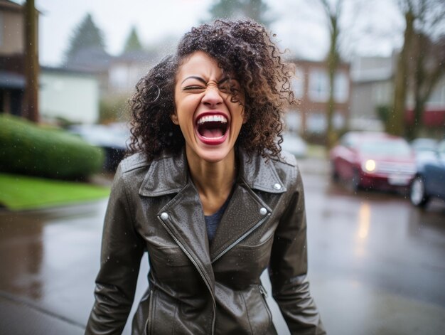 Carefree woman joyfully dances in the refreshing rain