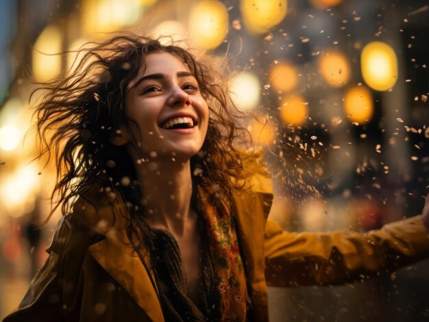 Беззаботная женщина радостно танцует под освежающим дождем