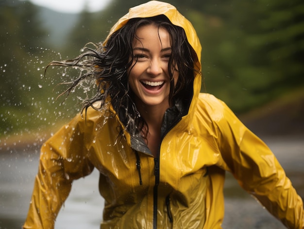 Photo carefree woman joyfully dances in the refreshing rain