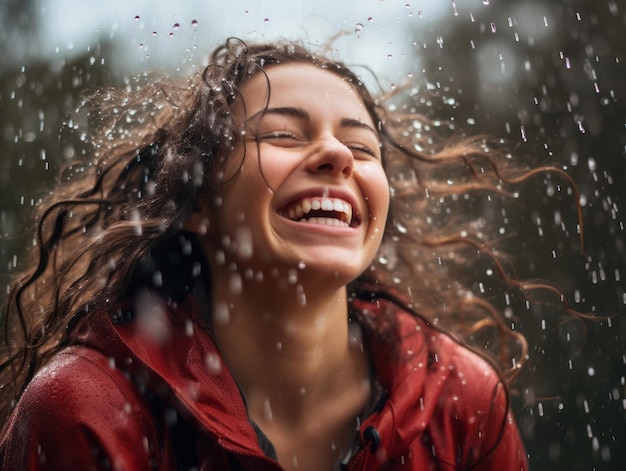 Photo carefree woman joyfully dances in the refreshing rain