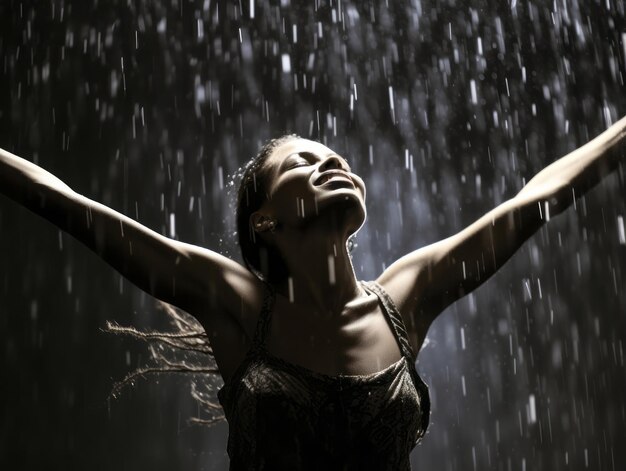 Photo carefree woman joyfully dances in the refreshing rain
