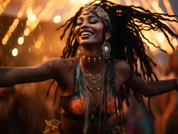 Photo carefree woman joyfully dances in the refreshing rain