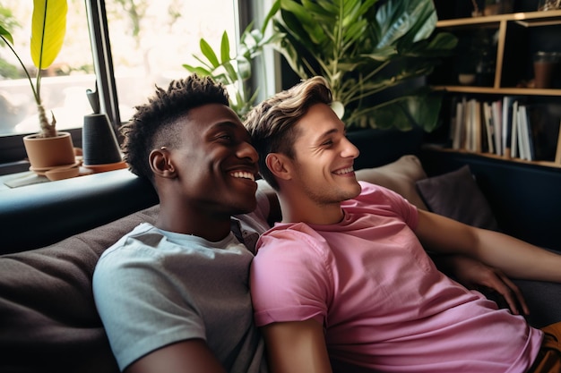 Photo carefree young gay couple relaxing on a couch