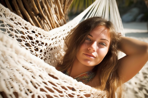 Carefree young woman portrait relaxing in hammock Generative AI illustration