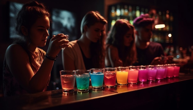 Carefree youth culture enjoys refreshing drinks at after work nightclub generated by AI